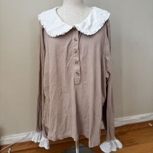 Pilcro Anthropologie Cottagecore Peter Pan Collar Top Taupe 3X Romantic Prairie